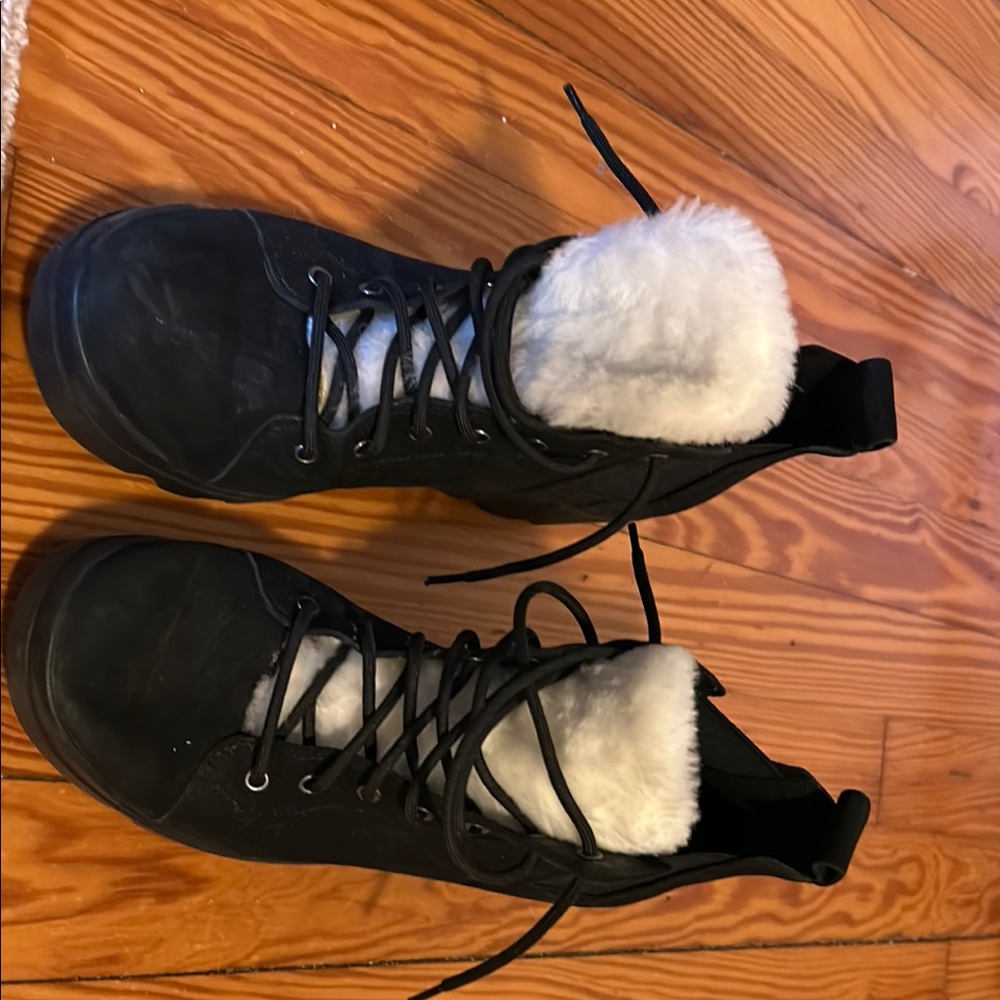 Eileen Fisher Black Ankle Boots with White Fur Lining